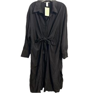 H&M Black Oversized Fit Midi Shirt Dress Button Front Collar M Side Slits NWT